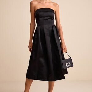 Lulus Indaya Black Satin Seamed Pleated Strapless Midi Dress - Size M